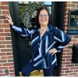 Lulu-B Womens Printed Pullover in Navy Size XL Blue White